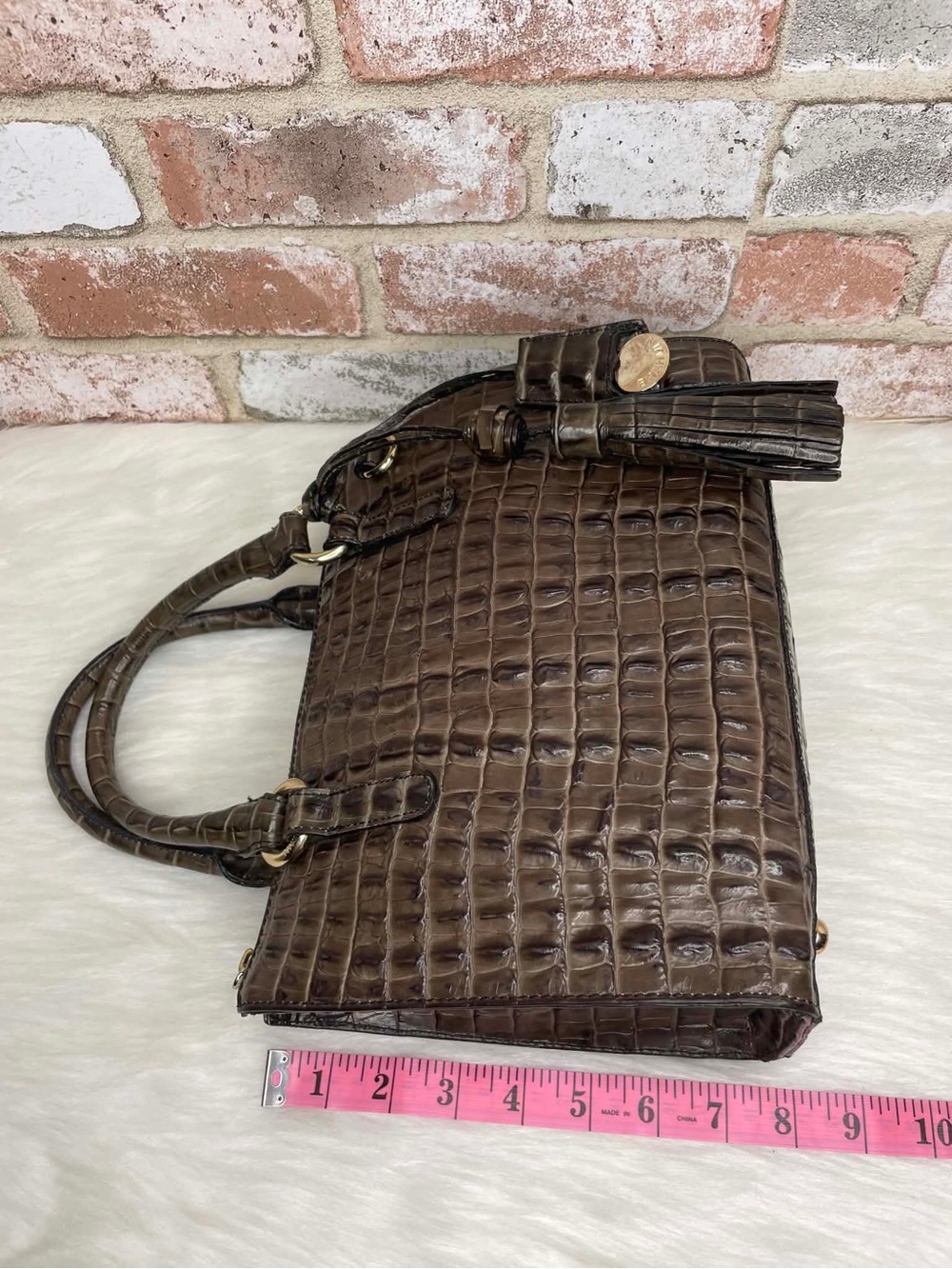 Brahmin Brown Croc-Embossed Leather Tote Bag with Tassel Charm - Picture 10 of 14